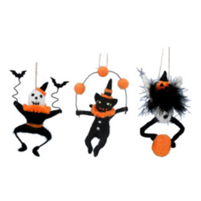 Halloween Characters Hanging Decorations Choice of 3 Gisela Graham These mixed wool hanging Halloween decorations come in 3 different designs.  Choose from either skelton cat or pumpkin.  These Halloween decorations are perfect to decorate your house this Halloween. Made by London based designer Gisela Graham who designs really beautiful and unusual decorations and gifts for your home.Ê Would also make a lovely gift.ÊThese are sold indivually. If you have a preference please state when ordering otherwise we will select a design for you. if you purchase 3 we will send you one of each design.